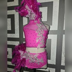 Pink Feathered Dance Costume with Rhinestones